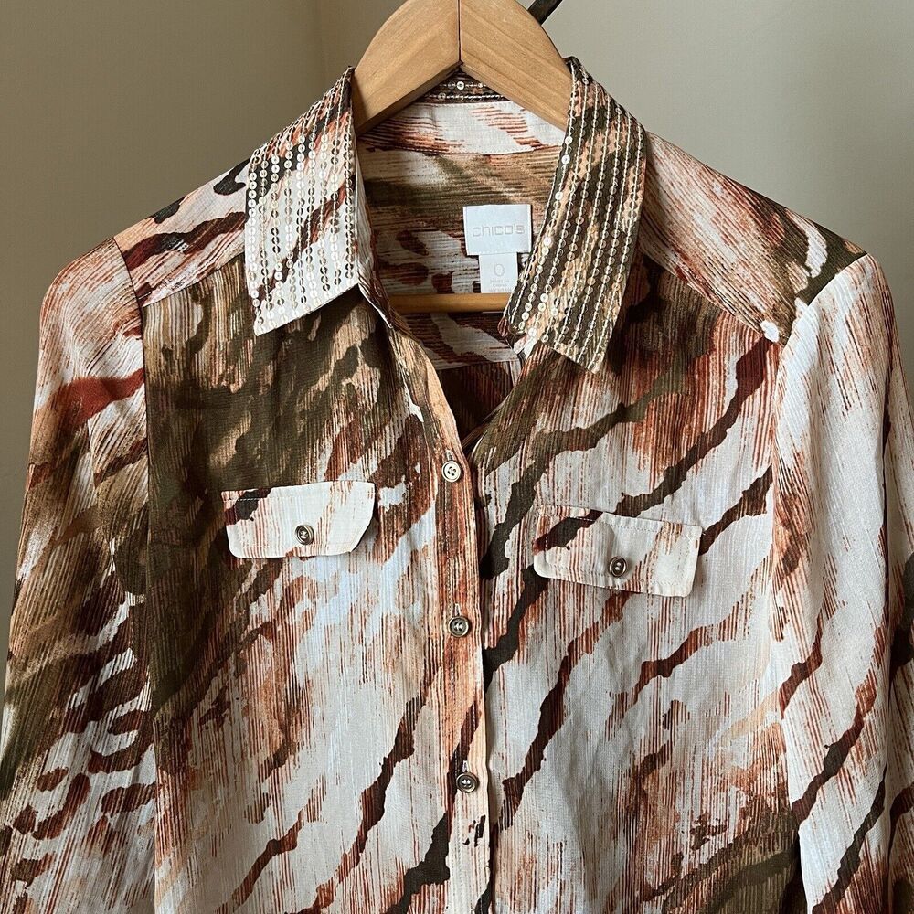 Chico's 0 Joceline Top Long Sleeve Shirt Button Sequin Collar Zebra Animal Chic - Picture 2 of 12